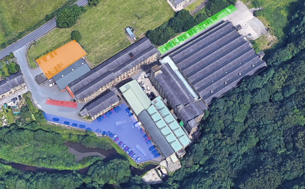 Parking at Bowers Mill. Orange: top car park, green: lower car park, blue: pond car park, red: overflow